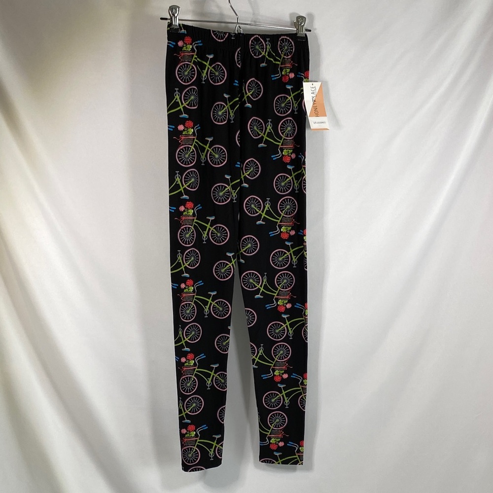 Honey and Lace Bicycle Leggings Black Neon Bike Print NWT S/M